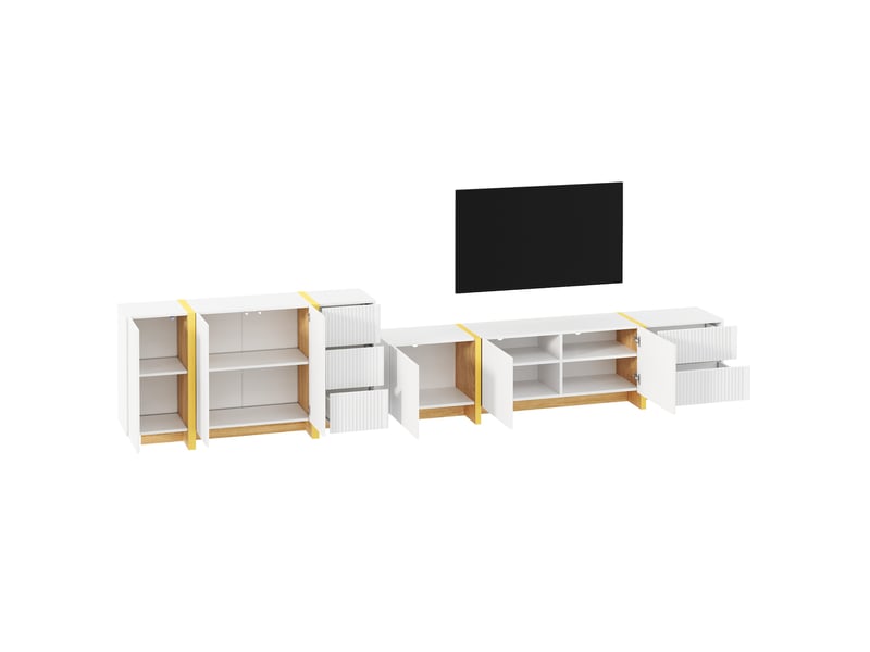  Ensemble meuble tv modenvie et buffet blanc à façades rainurées 190 x 35 x 45 cm et 140 x 36 x 75 cm  - Conforama A