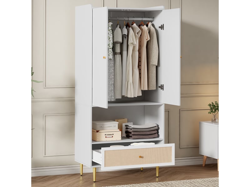  Armoire penderie - 80x48x175cm - 2 portes，1 tiroir en rotin pe tressé, niche &amp; pieds métal doré - blanc  - Conforama C
