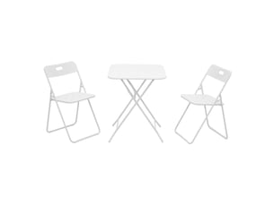 Salon de jardin pliant 3 pièces 60 x 60 cm blanc en acier, table et 2 chaises pliantes pour 2 personnes