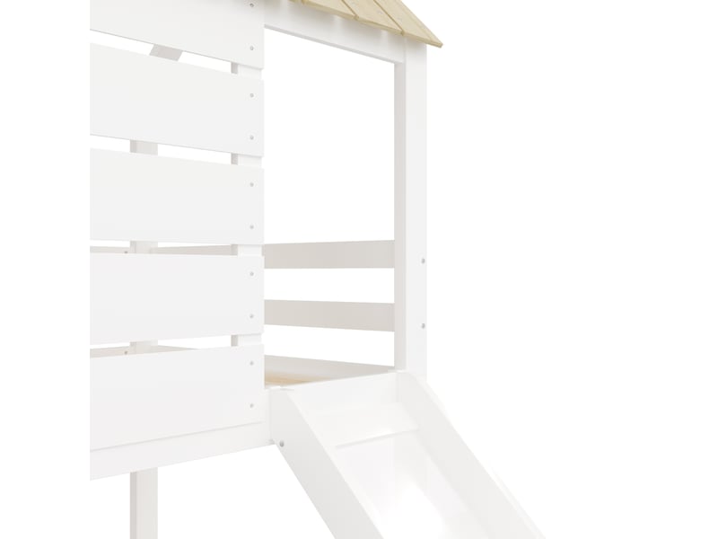 Lit superposé cabane avec toboggan, 90 x 200 cm, 2 tiroirs de rangement, pin et mdf, blanc et naturel - Conforama R