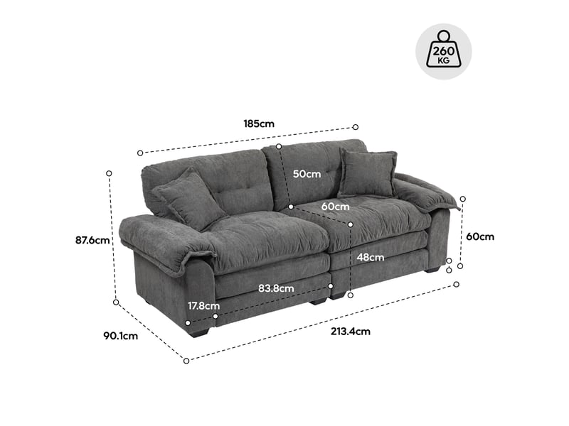  Canapé droit 2 places à assise profonde  - coussins double couche amovibles, chenille noire, 214 cm  - Conforama D