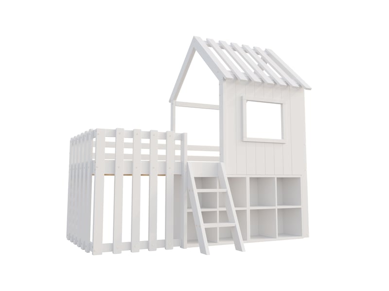 Lit avec rangement enfant 90x200 cm, étagère, toit, fenêtre, escalier, sommier, bois blanc, sans matelas - Conforama R