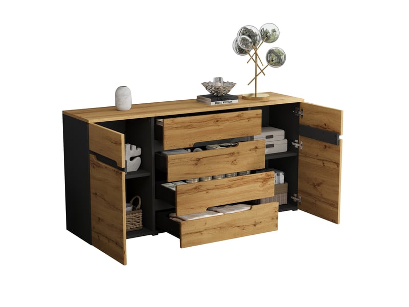  Buffet salon 160 cm noir et bois 2 portes 4 tiroirs  - Conforama A