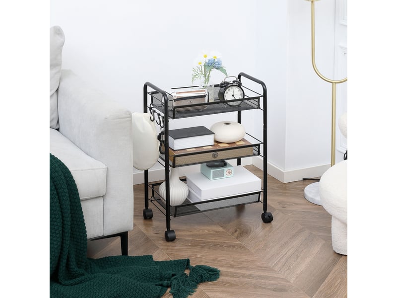 Chariot de service à 3 niveaux avec paniers, chariot à roulettes, chariot de rangement, 45 x 26,5 x 63 cm, noir - Conforama D