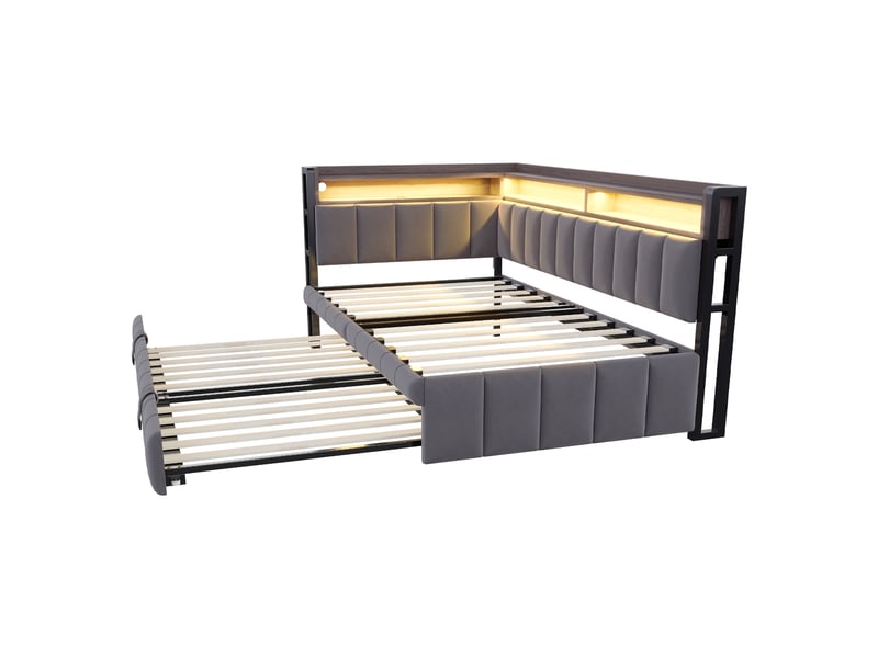  Canapé-lit 90 x 200 cm – avec lit gigogne – avec éclairage led – avec ports usb et type-c – gris foncé (matelas non inclus)  - Conforama W