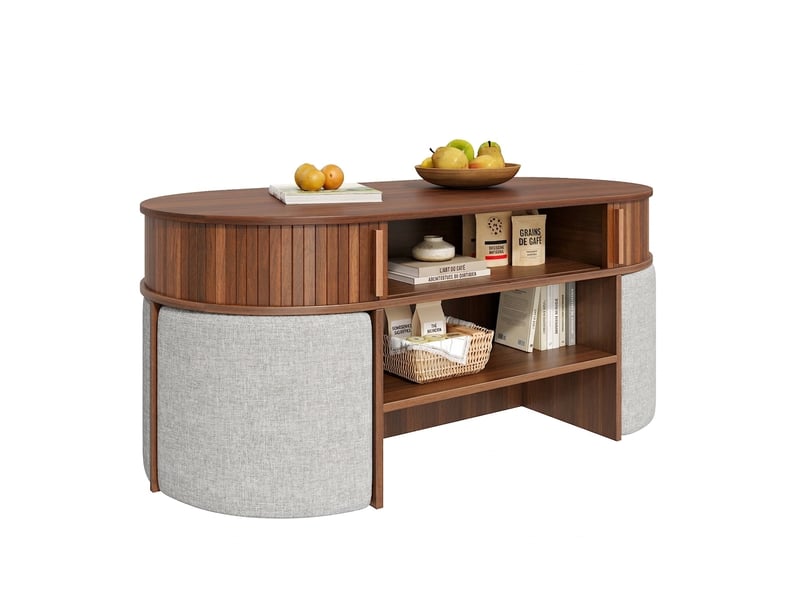  Table basse ovale avec poufs 120cm noyer - rangement et portes coulissantes  - Conforama A