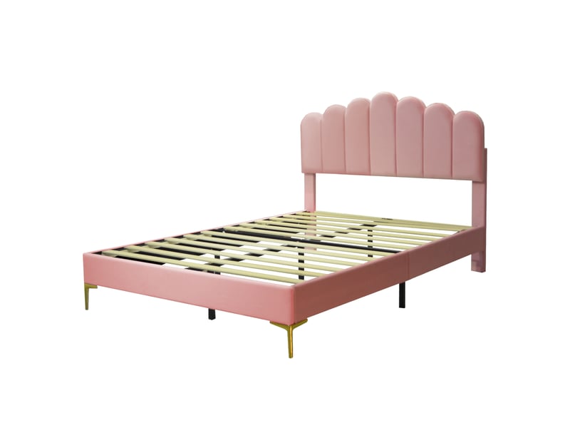  Lit double 140x200 cm en velours rose, tête de lit réglable et sommier à lattes  - Conforama D