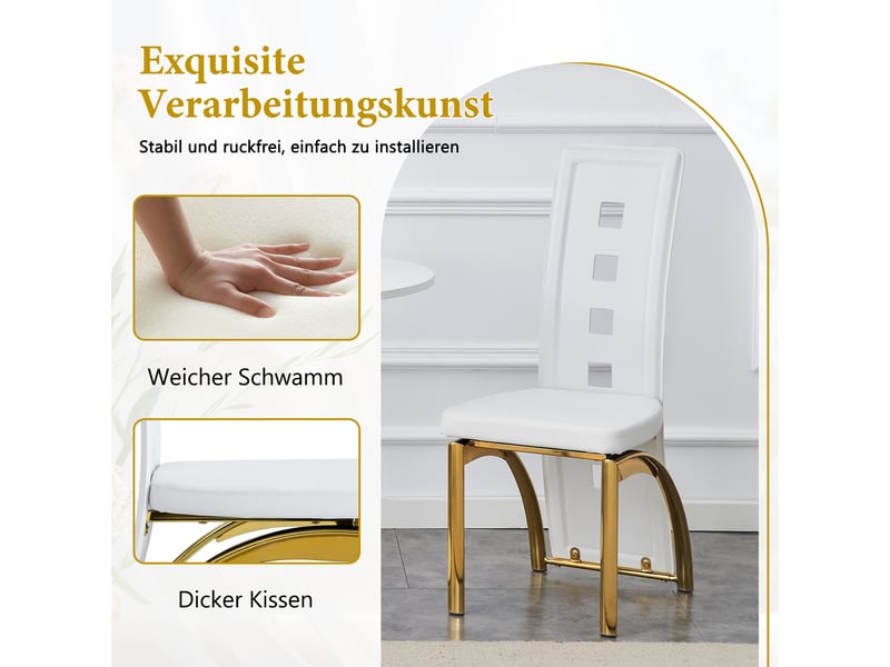 Chaises de salle à manger design lot de 4, simili cuir blanc mat perforé, pieds métal doré, hauteur 102,5 cm, pour salle à manger ou salon moderne - Conforama E
