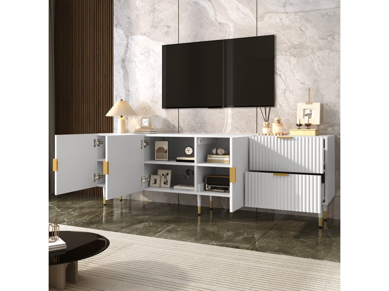  Meuble tv 170x35,5x55 cm - meuble bas avec tiroirs, portes avec étagères, poignées dorées, pieds dorés réglables et rangements  - Conforama B