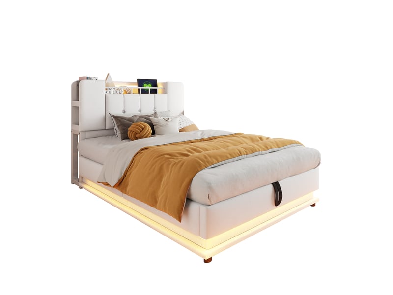  Lit capitonné enfant 90 x 200 cm beige avec led, usb, coffre hydraulique et tissu velours pour chambre  - Conforama A