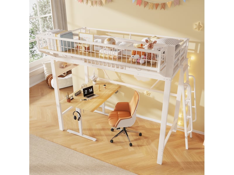  Lit mezzanine 90x200 cm, 235x119,5x188 cm, casiers latéraux, échelle réversible, métal blanc, sans matelas  - Conforama D