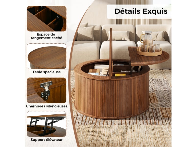  Table basse ronde relevable en mdf avec rangement intégré, plateau réglable en hauteur, meuble multifonction gain de place pour salon moderne, pour aménagement intérieur moderne OPULERANE TRADING LTD - Conforama D