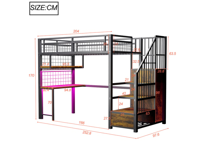  Lit mezzanine 90x200 cm avec bureau, éclairage et prise, métal noir sans matelas  - Conforama C