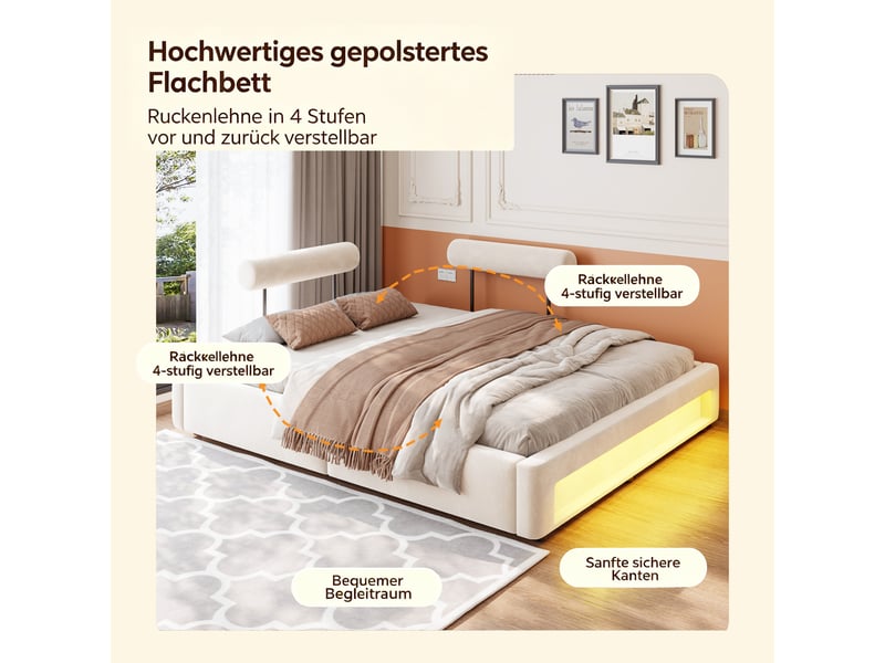  Lit capitonné 160x200 cm avec 2 dossiers réglables 4 positions, éclairage led, velours, beige  - Conforama D