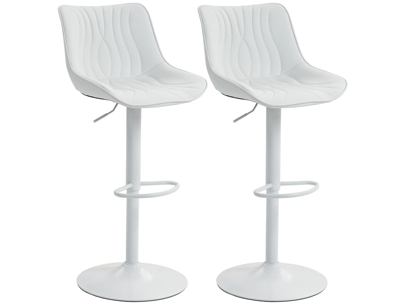  Ensemble de 2 tabourets de bar blancs, réglables en hauteur, avec dossier, assise en similicuir, structure en acier et repose-pieds.  - Conforama B