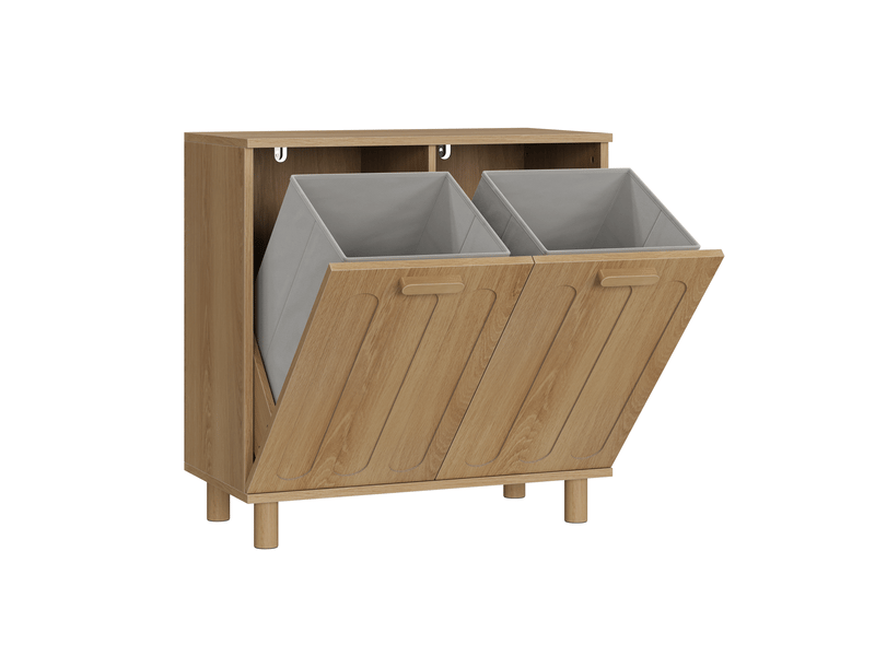  Meuble de rangement à linge basculant 66 x 35 x 67 cm chêne, mdf avec 2 paniers en tissu amovibles  - Conforama A