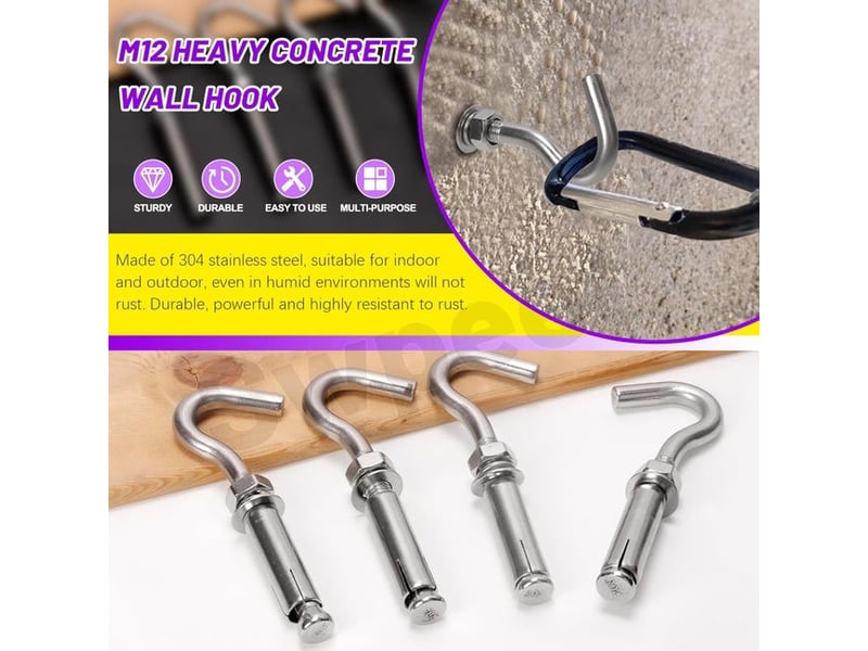 Lot de 6 crochets acier inoxydable m12 avec vis expansion, boulons muraux béton, supports métalliques plafond et mur, gris XLH-ZLS-014410ZLS - Conforama B