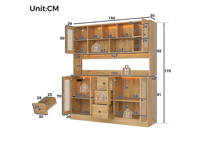 Buffet 150 x 40 x 173 cm - armoire de cuisine haute avec portes vitrées, 3 tiroirs, led et prises - bois naturel - Conforama E