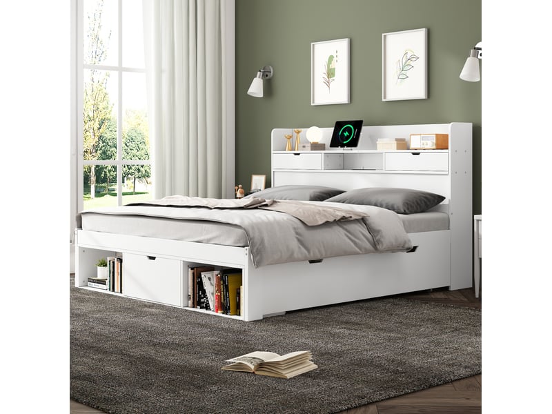  Lit enfant 140x190cm, sommier, recharge, étagère, tiroirs, rangement, bois blanc sans matelas  - Conforama D