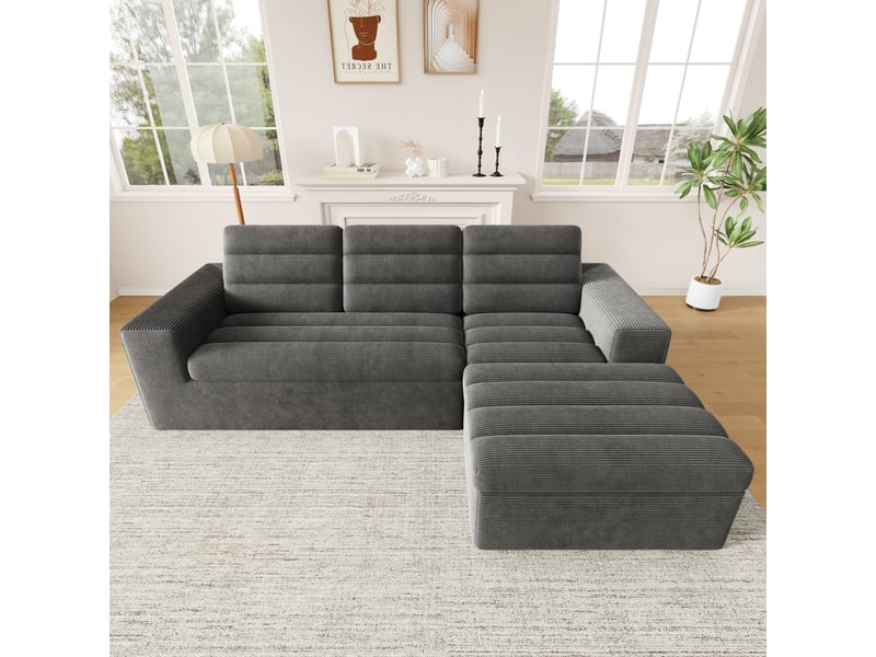Canapé d'angle modulable 4 places 253x161x89 cm, design sans cadre, modules combinables, velours côtelé, gris foncé OMNIGLINT TRADING LTD - Conforama D