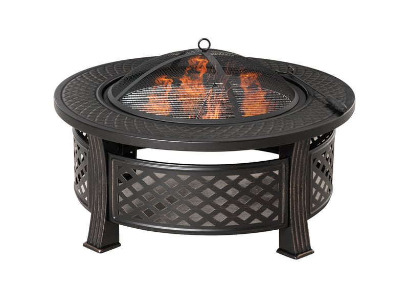  Braséro rond en acier noir (81 x 81 x 50 cm) avec tisonnier et pare-étincelles – idéal pour jardin, camping et barbecue.  - Conforama B