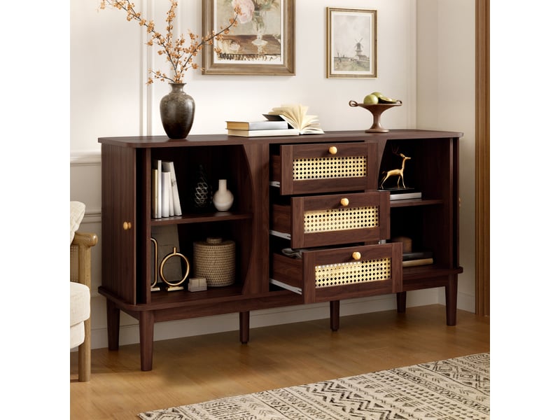  Buffet avec 3 tiroirs en rotin, portes coulissantes et étagères réglables pour salon en mdf 141×40×77 cm naturel  - Conforama B