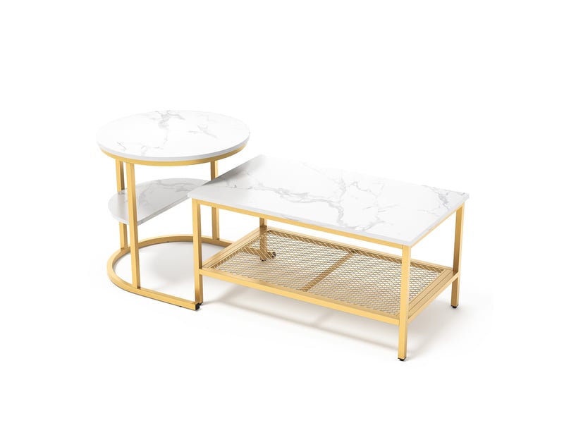 Lot de 2 tables basses gigognes – 80 x 46 x 41 cm – double rangement & pieds métal – effet marbre - blanc et doré - Conforama A