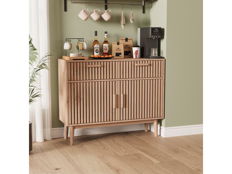 Buffet de rangement, conception de portes à lattes verticales, 2 portes et 2 tiroirs, style européen, bois clair - Conforama B