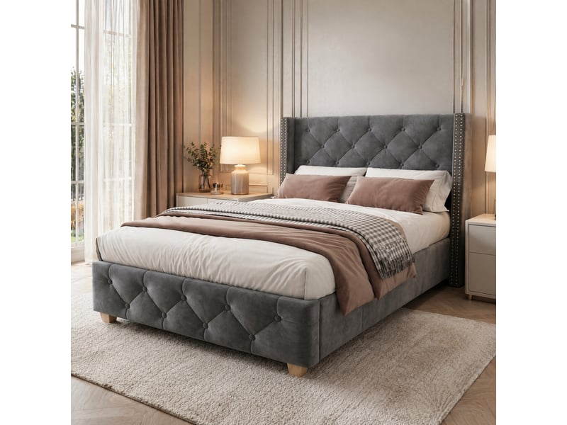  Lit 1 place 90x200 cm en velours gris avec sommier à lattes  - Conforama D