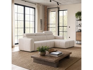 Canapé d'angle convertible avec têtières relevables en tissu beige -
