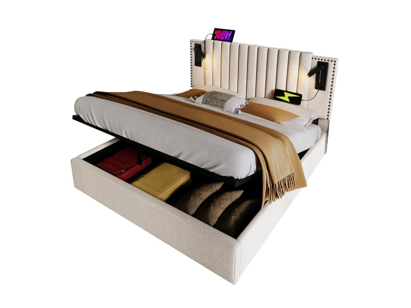 Lit coffre 2 places 180x200 cm avec liseuses et ports usbusb-c beige  - Conforama A