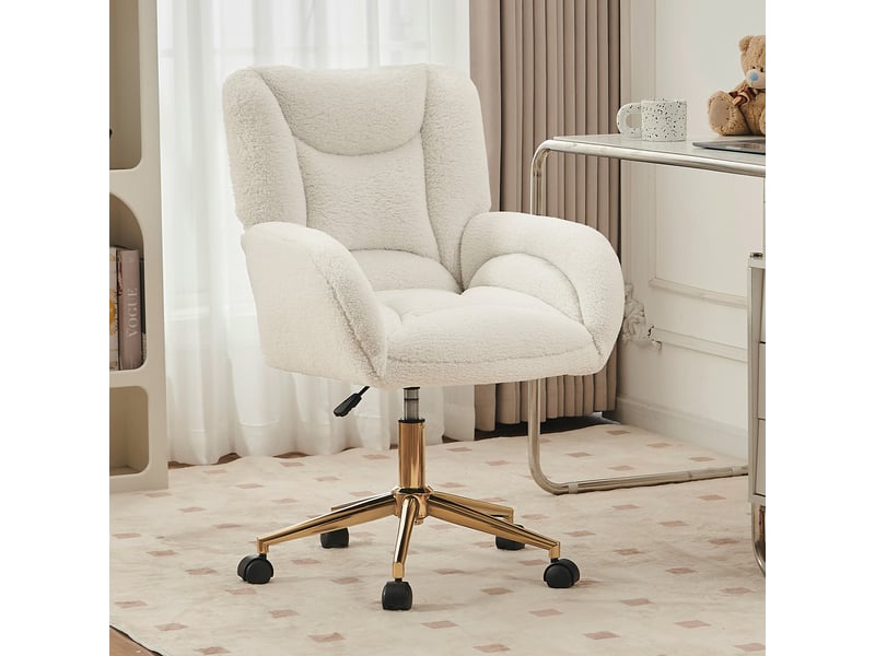  Chaise de bureau pivotante à hauteur réglable avec roulettes, dossier ergonomique et finition luxueuse en teddy, blanc  - Conforama B