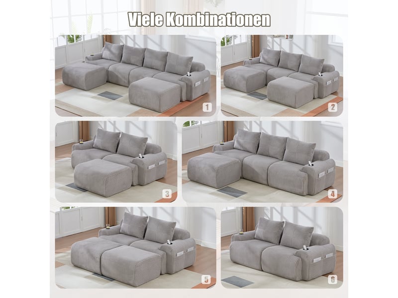  Canapé modulable, canapé de salon, gris clair, porte-gobelets, mobilier pour espace de vie, en velours tricoté  - Conforama W