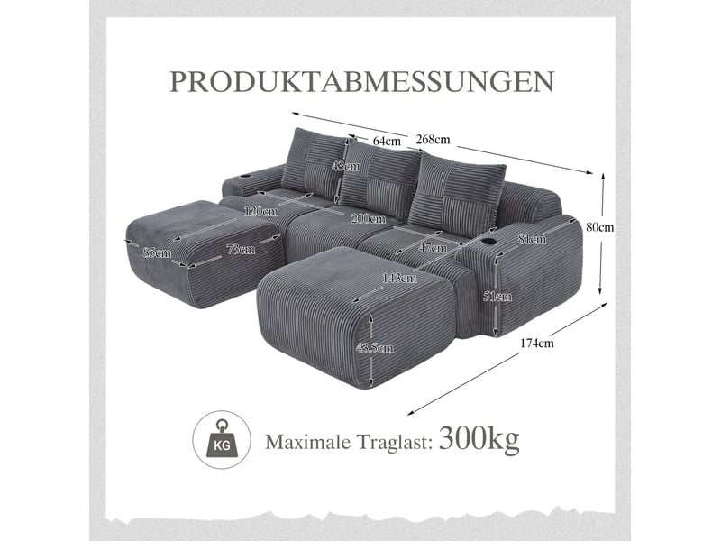  Canapé modulaire 3 places 268x174x80 cm confortable porte-gobelet poche latérale velours côtelé gris foncé  - Conforama C