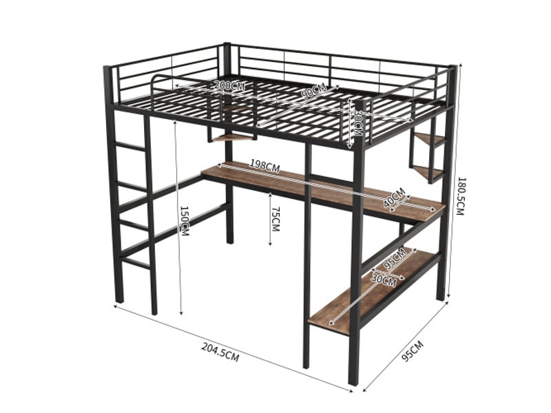  Lit mezzanine 90x200 cm, avec bureau et étagères, en métal, noir, sans matelas  - Conforama D