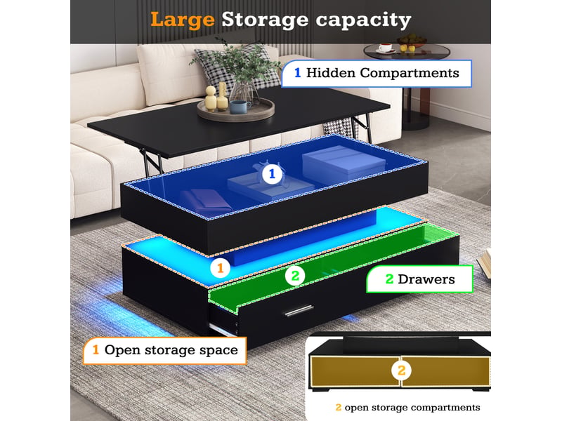  Table basse rectangulaire 100x50x44 cm avec 2 tiroirs, éclairage led, plateau relevable, rangement, salon, pb, noir  - Conforama D