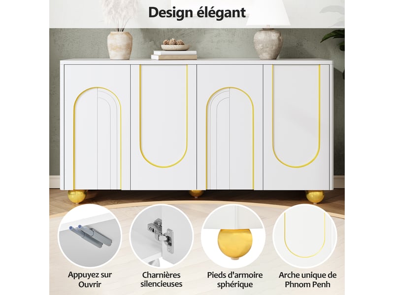  Buffet blanc 140 x 40 x 74 cm avec 4 portes, pieds en métal, 2 compartiments avec étagères, pour salon, salle à manger et entrée  - Conforama E
