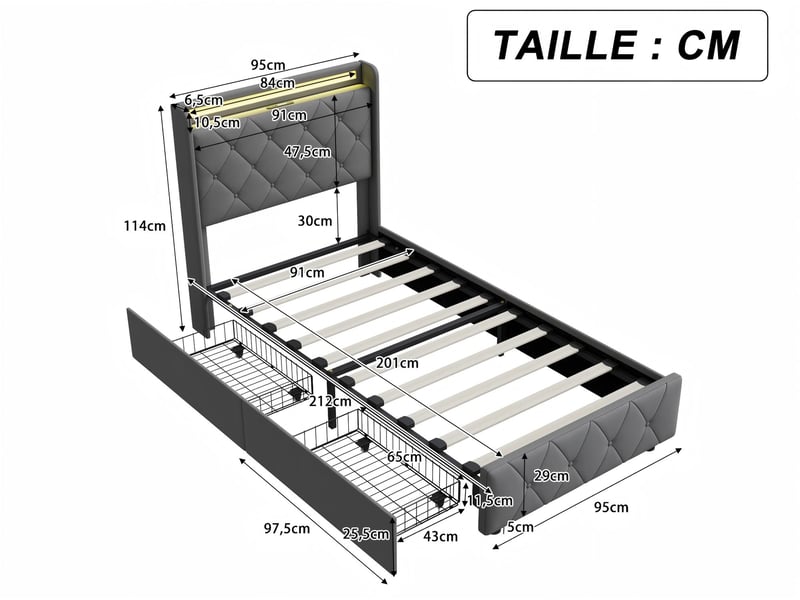  Lit 90x200 cm avec led, tête de lit avec étagère, lit capitonné pu gris, sommier à lattes inclus, style moderne  - Conforama C