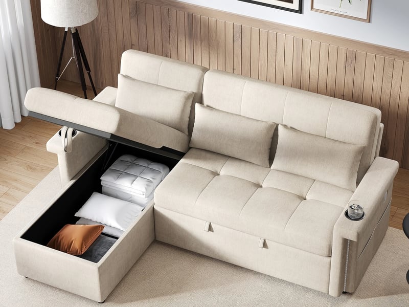  Canapé d'angle convertible ,3 places, avec fonction sommeil, éclairage led et ports usb,209 × 141 ×90cm,beige  - Conforama B