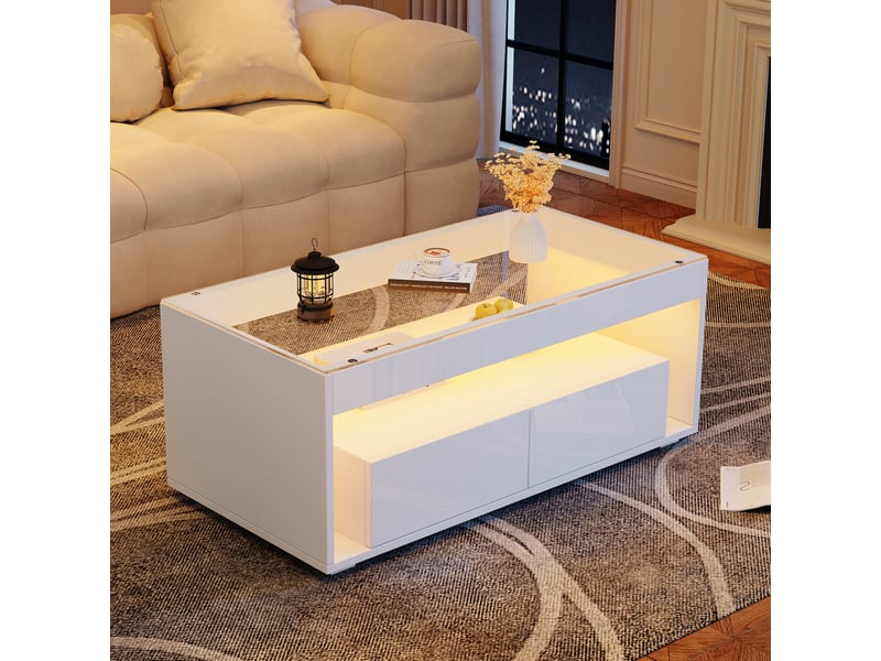 Table basse blanche brillante avec led, plateau en verre trempé et 2 tiroirs, 100x50x40 cm, meuble de salon moderne  - Conforama E