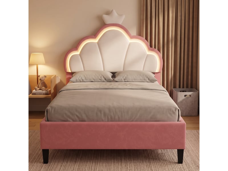  Lit enfant simple 90x200 cm avec éclairage led, tête de lit réglable et sommier, lit capitonné en velours, style princesse, rose et blanc  - Conforama B