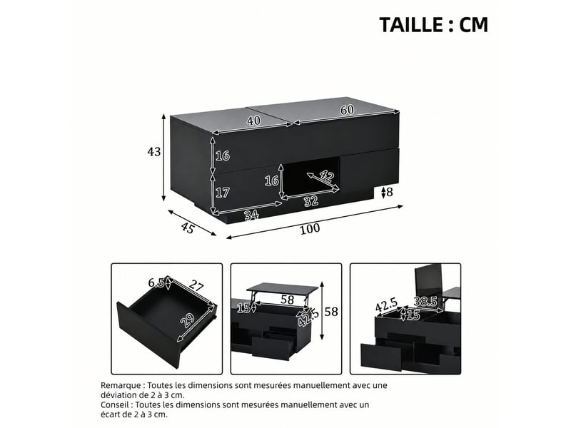  Table basse relevable avec 2 tiroirs et led, 100 x 45 x 43 cm, noir brillant  - Conforama C