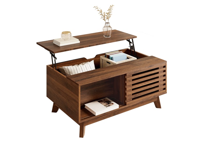  Table basse 90x55x57,5 cm avec plateau relevable, porte coulissante, table de salon, rangements, mdf, couleur noyer  - Conforama A