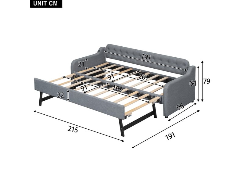 Lit gigogne 90x200 cm convertible en canapé avec port usb, revêtement en lin gris  - Conforama E