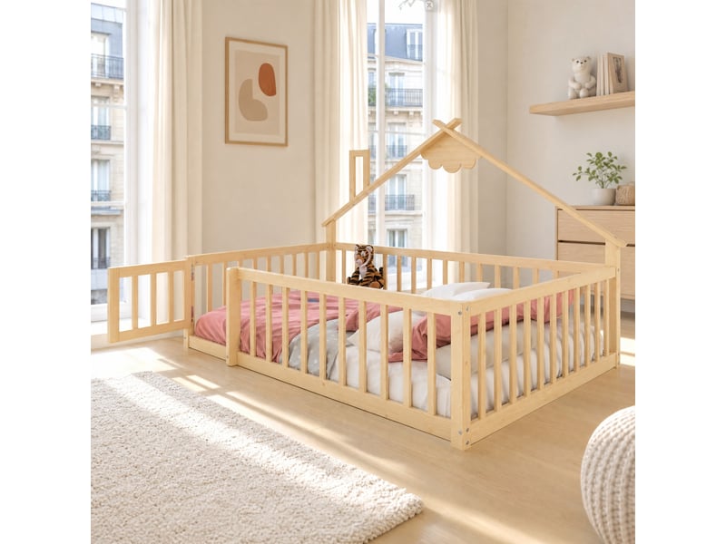 Lit enfant cabane 140x190 cm avec barrières verrouillables, pin et mdf naturel - Conforama B