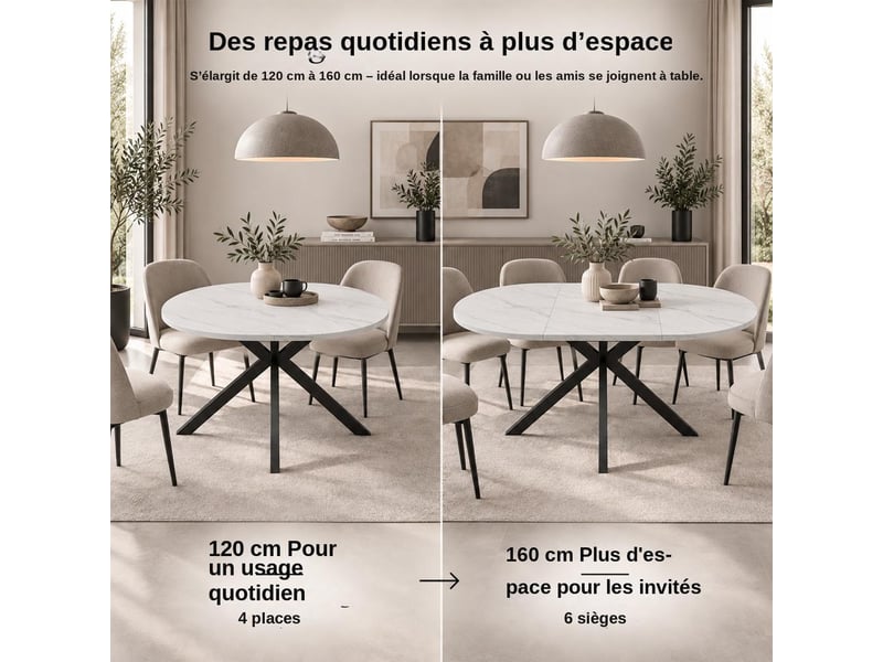  Table extensible ovale 120 à 160 sur 80 sur 75 cm coloris bois mdf pieds métal salle à manger  - Conforama D