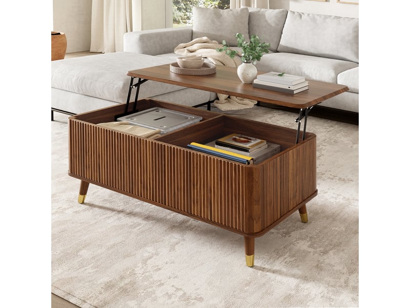  Table basse relevable effet noyer, table de salon moderne rétro avec rangement caché et pieds en bois massif, 97x52x56.5cm.  - Conforama B