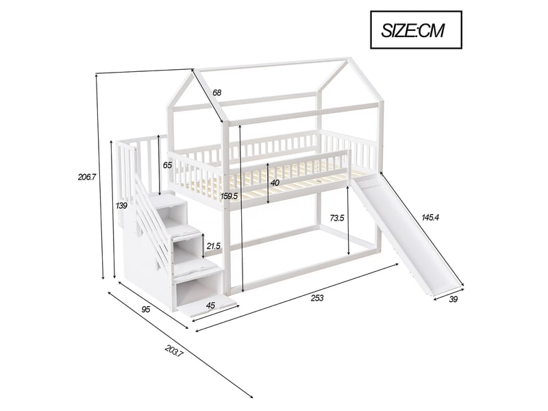  Lit mezzanine enfant 90x200 cm – blanc – toboggan, escalier de rangement et sommier à lattes - sans matelas  - Conforama C
