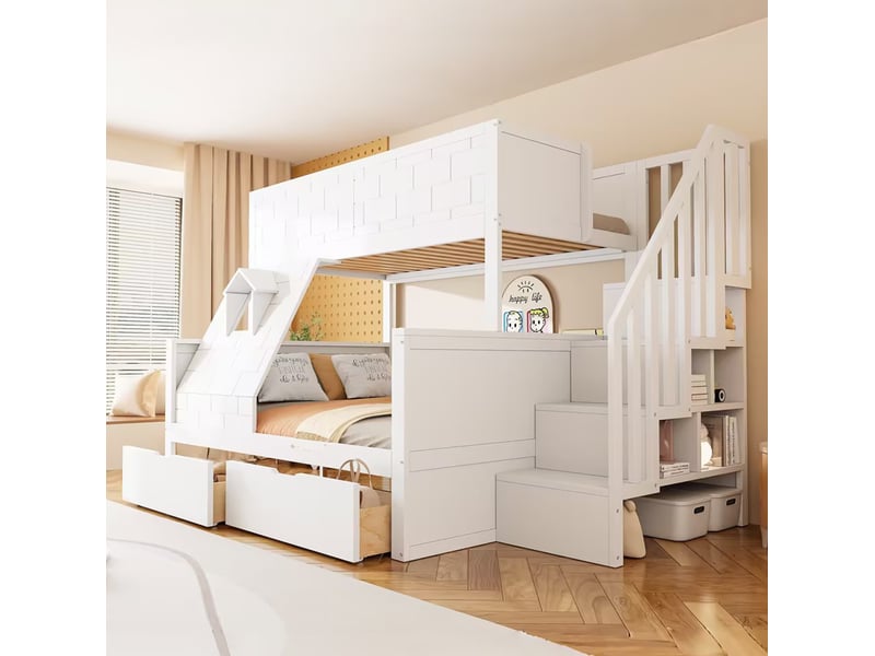 Lit superposé enfant 90x200 140x200 cm, 2 tiroirs, fenêtre, barrière de sécurité, escalier avec rangement, bois et mdf blanc - Conforama D