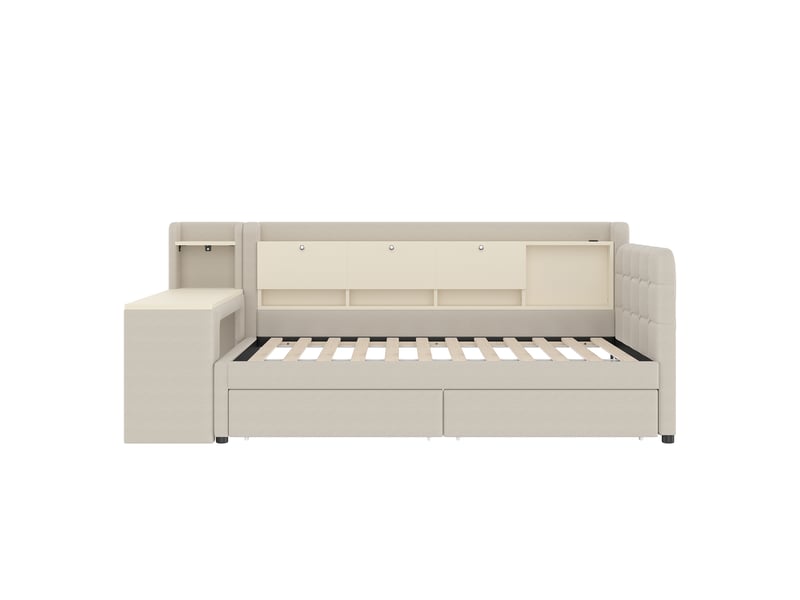 Lit banquette beige 90x200 cm avec bureau, 2 tiroirs, rangements, usb et type-c  - Conforama A